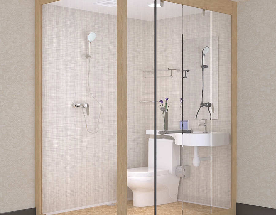 Hotel Modular Bathroom with PEC Resin Fiber Interior Wall Panels and Glass Exterior Walls