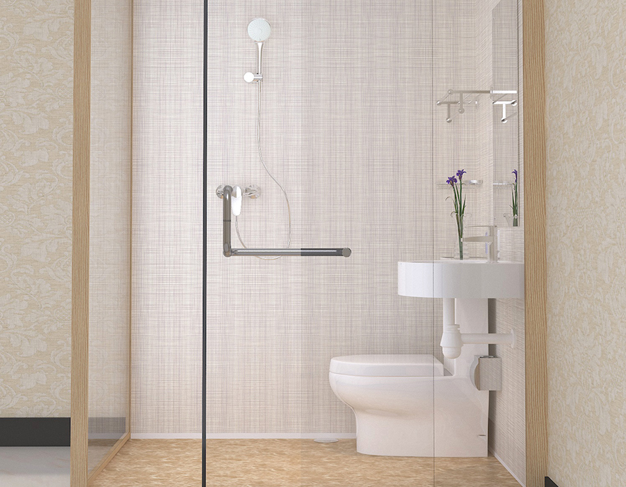 Hotel Modular Bathroom with PEC Resin Fiber Interior Wall Panels and Glass Exterior Walls