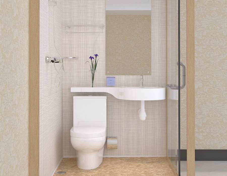 Hotel Modular Bathroom with PEC Resin Fiber Interior Wall Panels and Glass Exterior Walls