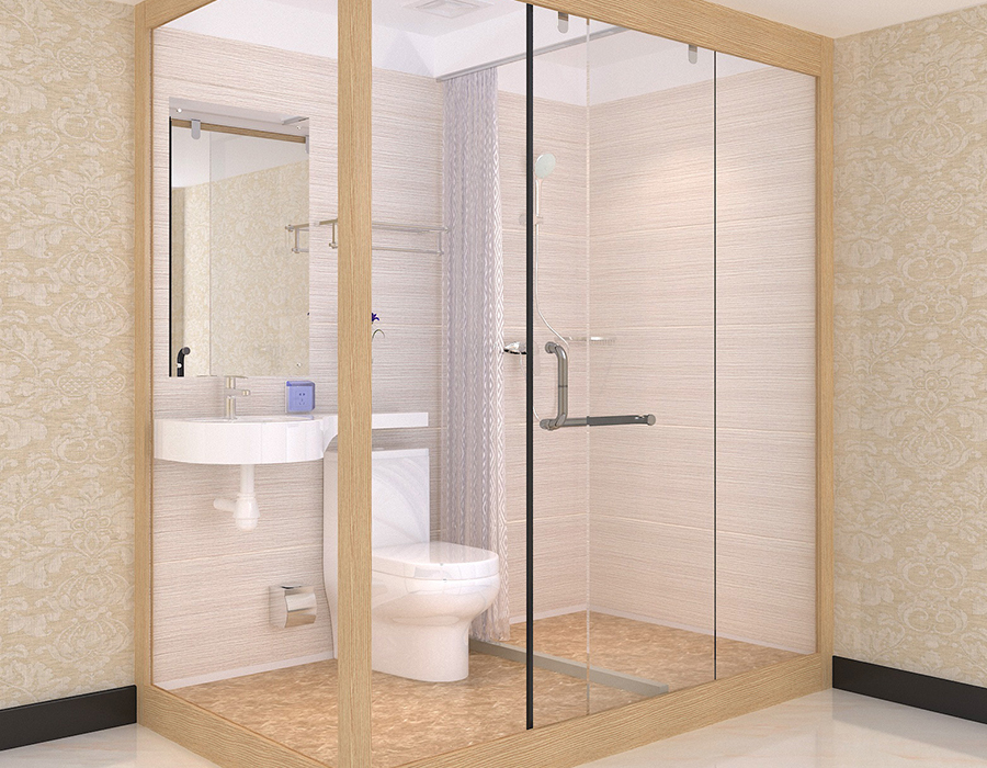 Hotel Modular Bathroom with PEC Resin Fiber Interior Panels and Glass Exterior Walls