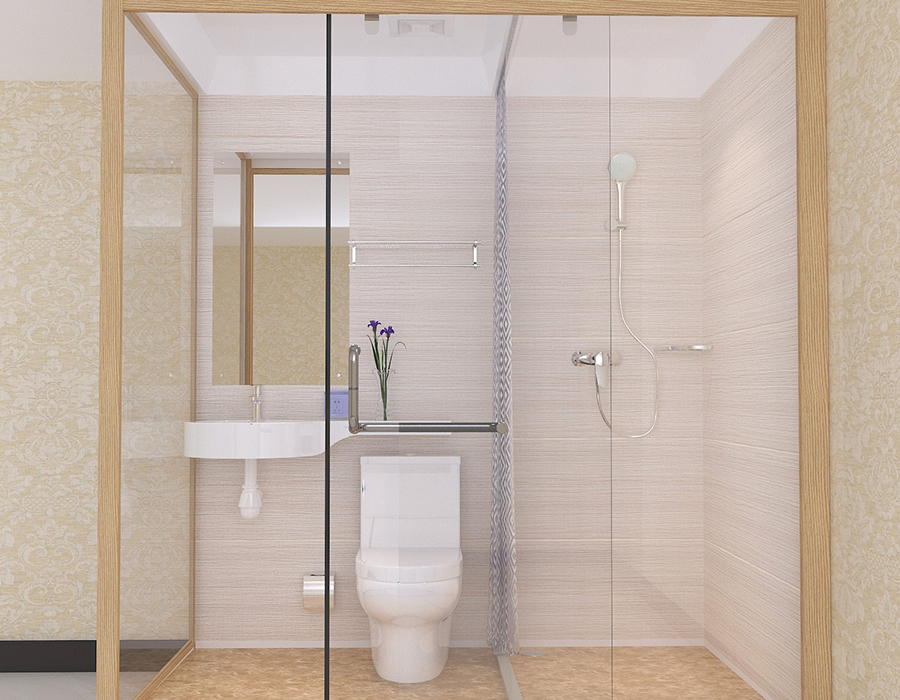 Hotel Modular Bathroom with PEC Resin Fiber Interior Panels and Glass Exterior Walls
